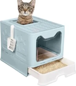 PetsyPaw Luxe Kattenbak – Met Uitschuifbare Lade En Kattenbakvulling Rooster – Opvouwbaar – Blauw