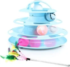 Pecute Kattenspeelgoed 4 Niveau En 4 Ballen Met Kattenkruid Ballen, Gloeiende Ballen, Verenkattenstok, Interactief Kattenspeelgoed Voor Indoor Katten Kitten Speelgoed (Blauw)