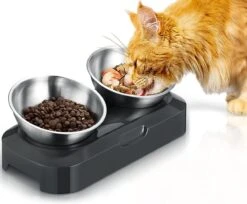 Kattenbak Met Roestvrijstalen, Antislip Siliconenmat Kattenvoerbak Met 0 & 15° Kantelbare Nek Beschermende Kom Voor Huisdieren, Katten En Puppy’s Voer- En Watertoevoer