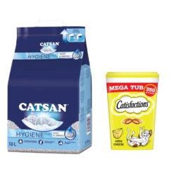 Catsan Hygiëne Plus 18l + 2x350g Dreamies Tub Gratis. – Hygiëne Plus (18 L) + Kattensnack Megatub – Kaas (2 X 350 G)