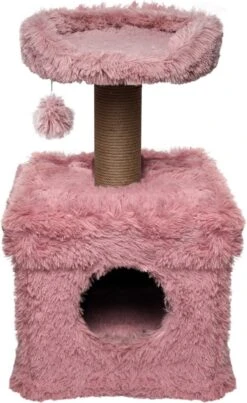 Topmast Krabpaal Fluffy Lima – Roze – 39 X 39 X 72 Cm – Made In EU – Krabpaal Voor Katten – Met Kattenhuis – Sterk Sisal Touw