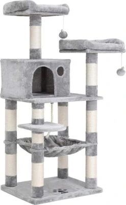 Nancy’s Kattenboom – Krabpaal – Klimboom Voor Katten – Kat Toren Met Grot – Lichtgrijs – 55 X 45 X 143 Cm